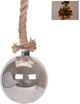 Glazen bal met 30 LED&#039;s - 15cm - jute touw 100cm