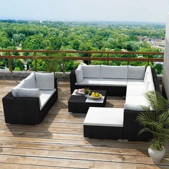  10-delige Loungeset tuinset met kussens poly rattan zwart 