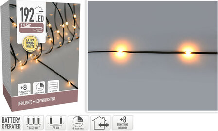 LED Verlichting  192 LED - extra warm wit - op batterij - 8 Lichtfuncties - Timer - Soft Wire