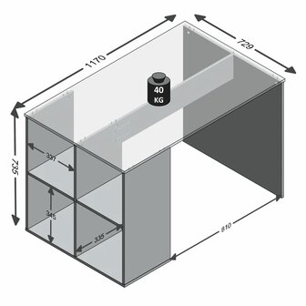 Bureau met zijschappen 117x73x75 cm betonkleurig