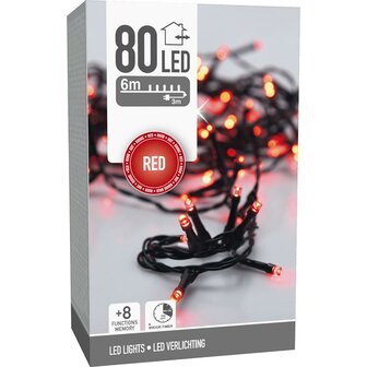 Kerstverlichting 80 led- 6m - rood - Timer - Lichtfuncties - Geheugen - Buiten