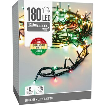 Kerstverlichting 180 led- 13.5m - three tone traditional - Timer - Lichtfuncties - Geheugen - Buiten