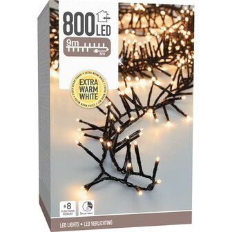 Maxi Cluster Kerstverlichting - 800 led - 12m - extra warm wit - Timer - Lichtfuncties - Geheugen - Buiten