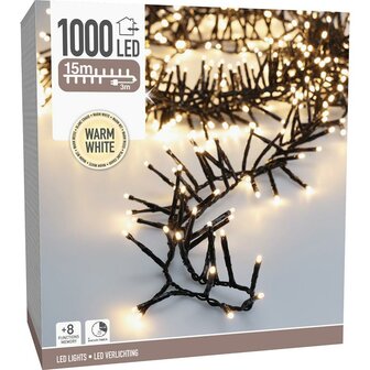 Maxi Cluster Kerstverlichting - 1000 led - 15m - warm wit - Timer - Lichtfuncties - Geheugen - Buiten