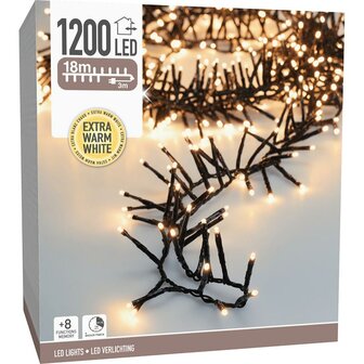 Maxi Cluster Kerstverlichting - 1200 led - 18m - extra warm wit - Timer - Lichtfuncties - Geheugen - Buiten