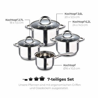 Renberg Alexander Pannenset RVS - Inductie - 7 delig - 4  Kookpannen &Oslash; 16 - 18 - 20 - 24 cm + 3 Deksels