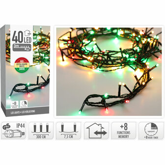 Kerstverlichting 40 led- 3m - three tone traditional - Timer - Lichtfuncties - Geheugen - Buiten