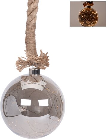 Glazen bal met 30 LED's - 15cm - jute touw 100cm