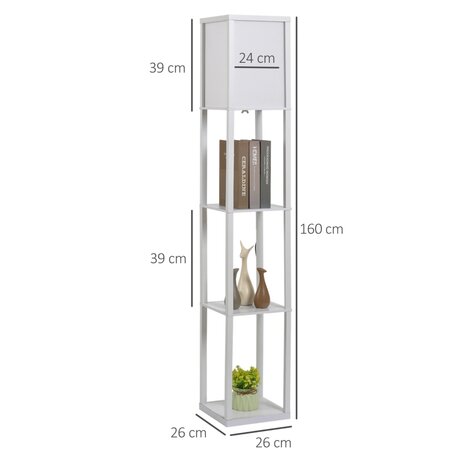 Vloerlamp met 3 planken binnenverlichting E27 tot 40W voor woon/slaapkamer E1-MDF, acryl wit 26 x 26 x 160 cm