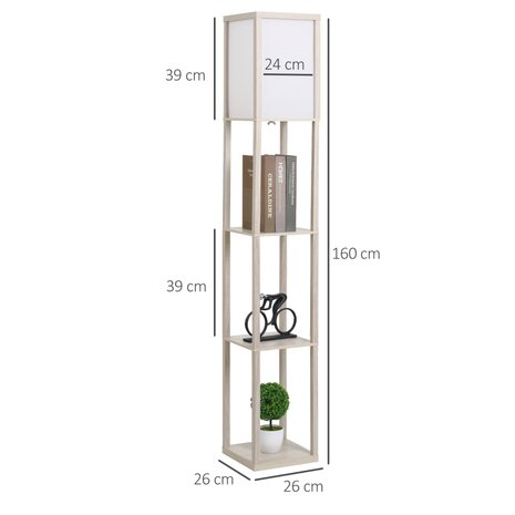 Vloerlamp met 3 planken binnenverlichting E27 tot 40W voor woon/slaapkamer E1-MDF, acryl eiken+wit 26 x 26 x 160 cm