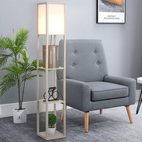 Vloerlamp met 3 planken binnenverlichting E27 tot 40W voor woon/slaapkamer E1-MDF, acryl eiken+wit 26 x 26 x 160 cm