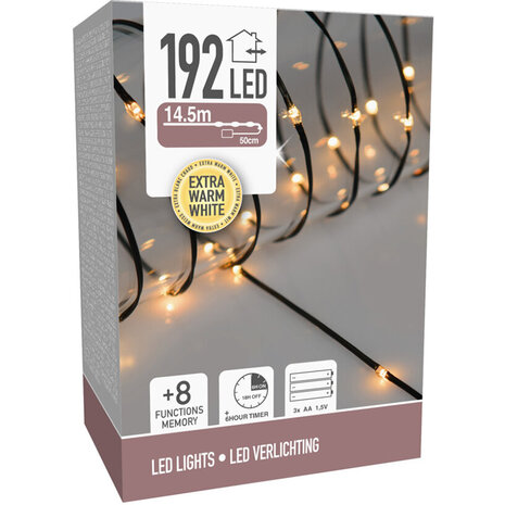 LED Verlichting  192 LED - extra warm wit - op batterij - 8 Lichtfuncties - Timer - Soft Wire