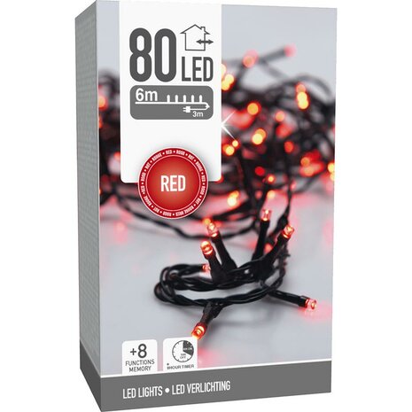 Kerstverlichting 80 led- 6m - rood - Timer - Lichtfuncties - Geheugen - Buiten