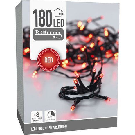 Kerstverlichting 180 led- 13.5m - rood - Timer - Lichtfuncties - Geheugen - Buiten
