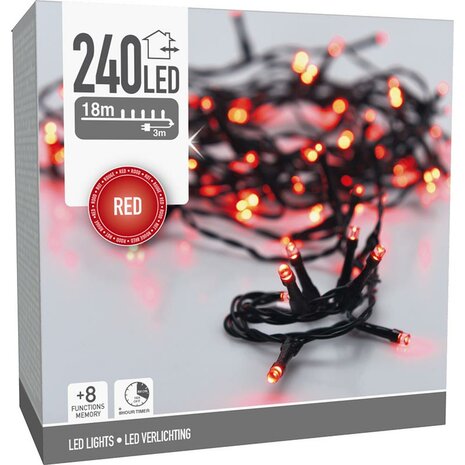 Kerstverlichting 240 led- 18m - rood - Timer - Lichtfuncties - Geheugen - Buiten