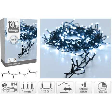 Kerstverlichting 120 led- 9m - wit - Timer - Lichtfuncties - Geheugen - Buiten