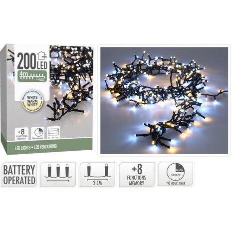 Micro Cluster 200 led - 4m - two tone adorable - Batterij - Lichtfuncties - Geheugen - Timer