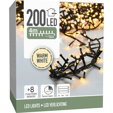 Micro Cluster 200 led - 4m - warm wit - Batterij - Lichtfuncties - Geheugen - Timer