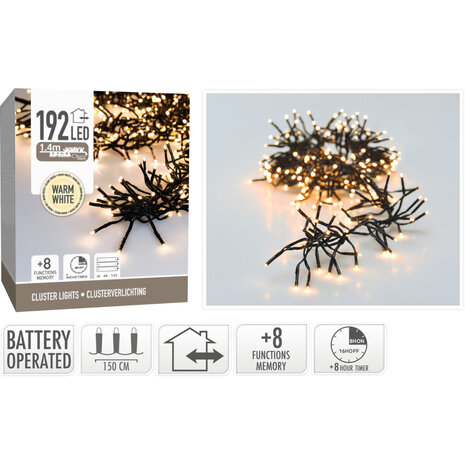 Clusterverlichting 192 led -  1.4m - warm wit - Batterij - Lichtfuncties - Geheugen - Timer