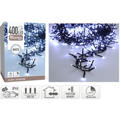 Maxi Cluster Kerstverlichting - 400 led - 6m - wit - Timer - Lichtfuncties - Geheugen - Buiten