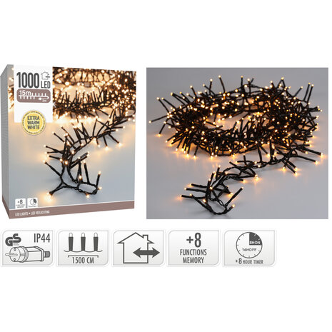 Maxi Cluster Kerstverlichting - 1000 led - 15m - extra warm wit - Timer - Lichtfuncties - Geheugen - Buiten