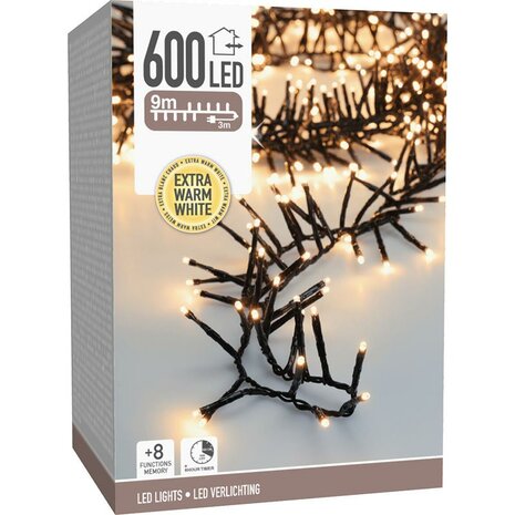 Maxi Cluster Kerstverlichting - 600 led - 9m - extra warm wit - Timer - Lichtfuncties - Geheugen - Buiten