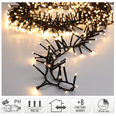 Maxi Cluster Kerstverlichting - 600 led - 9m - warm wit - Timer - Lichtfuncties - Geheugen - Buiten