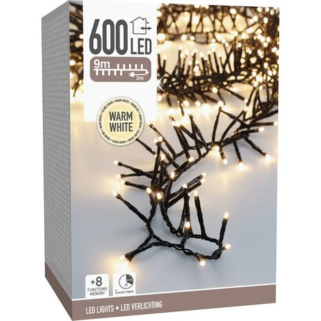 Maxi Cluster Kerstverlichting - 600 led - 9m - warm wit - Timer - Lichtfuncties - Geheugen - Buiten