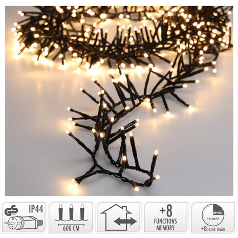 Maxi Cluster Kerstverlichting - 400 led - 6m - warm wit - Timer - Lichtfuncties - Geheugen - Buiten