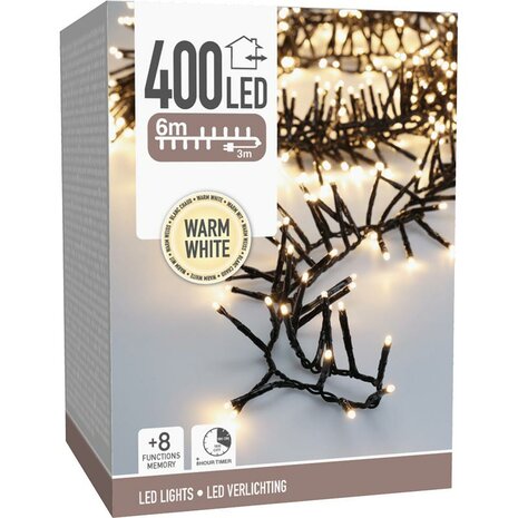 Maxi Cluster Kerstverlichting - 400 led - 6m - warm wit - Timer - Lichtfuncties - Geheugen - Buiten