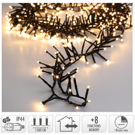 Maxi Cluster Kerstverlichting - 1000 led - 15m - warm wit - Timer - Lichtfuncties - Geheugen - Buiten