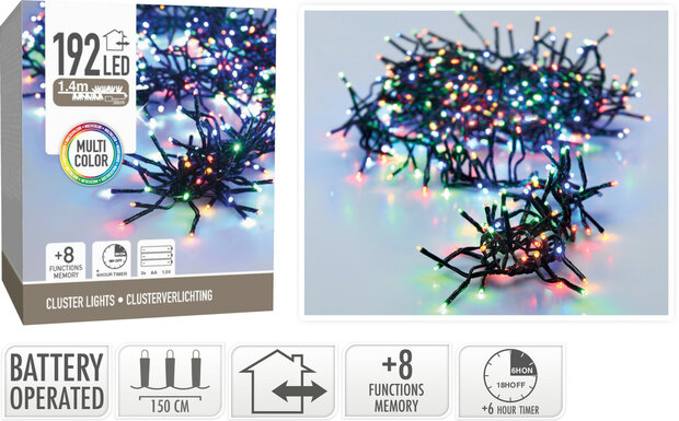 Clusterverlichting 192 led -  1.4m - multicolor - Batterij - Lichtfuncties - Geheugen - Timer