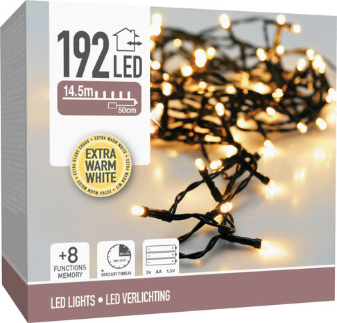 Kerstverlichting 192 led - 14.5m - extra warm wit - Batterij - Lichtfuncties - Geheugen - Timer