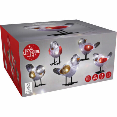 Kerstfiguur Acryl - Vogels - LED - set van 5 