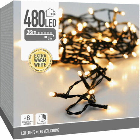 Kerstverlichting 480 led- 36m - extra warm wit - Timer - Lichtfuncties - Geheugen - Buiten