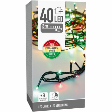 Kerstverlichting 40 led- 3m - three tone traditional - Timer - Lichtfuncties - Geheugen - Buiten