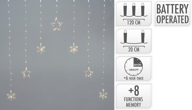 Kerstverlichting Lichtgordijn -Sterren - Sneeuwvlokken - 120x120cm - op batterijen